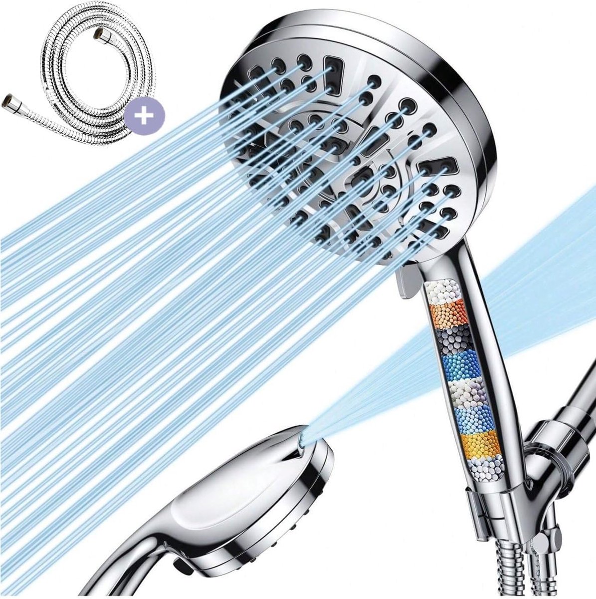 SnelShoppen - Luxe Handdouche met Slang en 10 Spraystanden - Chroom Regen Douche met Waterbesparende Filter - Hoge Druk, Ideaal voor Thuisgebruik
