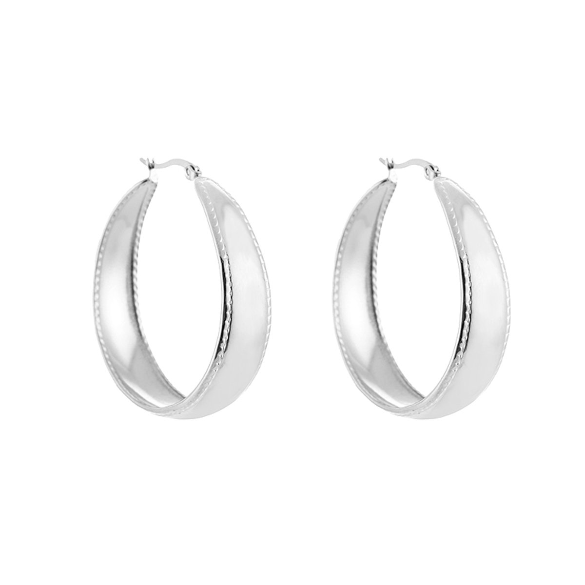 Stainless Steel Platte Hoop Oorringen – Elegante & Brede Vintage Oorringen - RVS - Zilver - 40mm