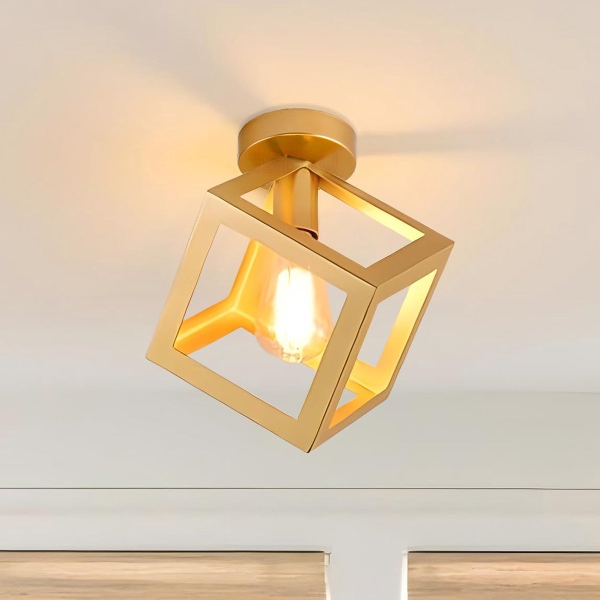 SnelShoppen - Moderne Cage Plafondlamp, Vintage Geometrisch Design, E27 Metaal Verlichting voor Slaapkamer, Woonkamer, Restaurant, Goudkleurig, 16 cm