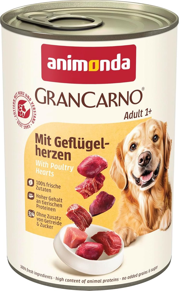 SnelShoppen - Hondenvoer Nat zonder Granen - GranCarno Hondenvoeding met Geflügelherzen, 6 x 400 g - Hoogwaardige Vlees Ingrediënten voor Volwassen Ho