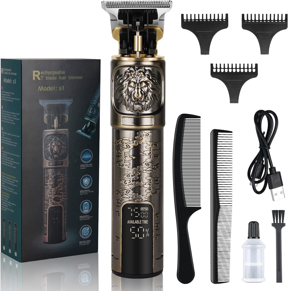 SnelShoppen - Draadloze Haartrimmer voor Mannen, Oplaadbare Baardtrimmer Set, Waterdichte Professionele Grooming Set met 3 Gidskammen en Kunststof/Lux