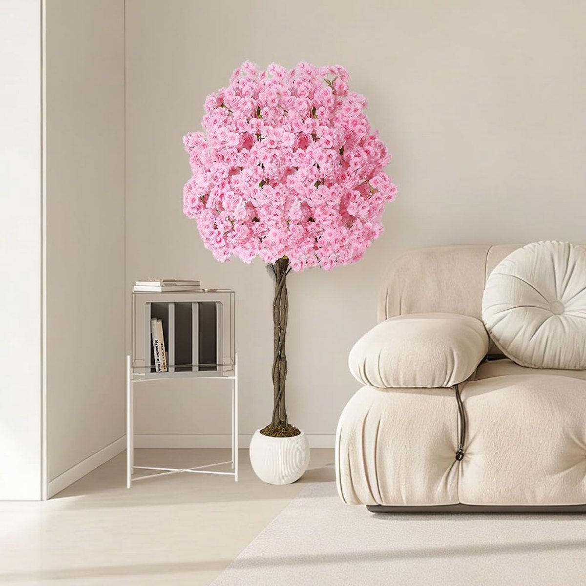 Natuurgetrouwe roze zijde kersenbloesemboom met gestructureerde kunststam, weelderige bloemen in sippot, UV- en verkleurbestendig, decoratie voor binnen, balkon, kantoor en bruiloften