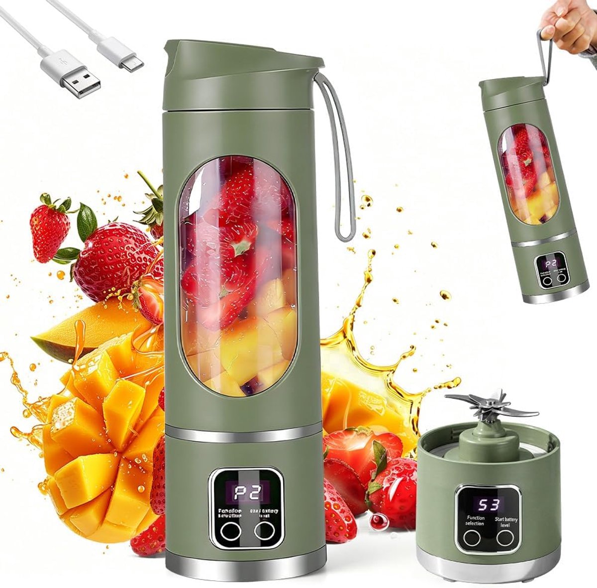 Draagbare Blender - Smoothie Maker Mini Mixer - Gezonde Drankjes Maken - 12 Roestvrij Stalen Bladen - 450 ml - Olijfgroen