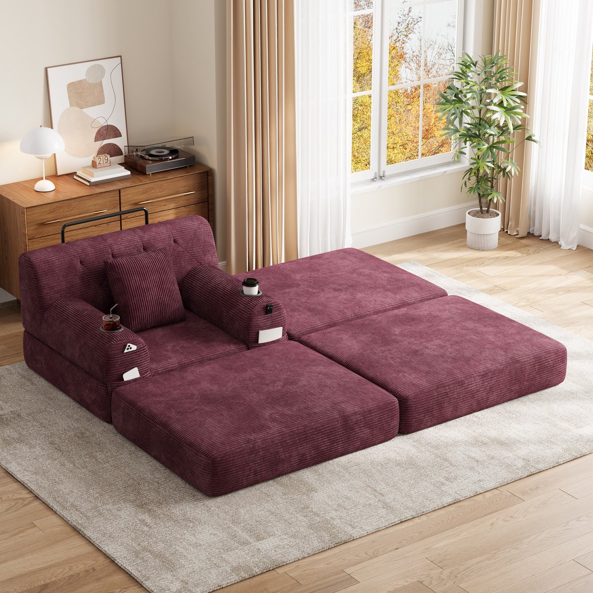 STILVORA Fauteuil 191 x 162 x 81 cm - 1-Zits Slaapfauteuil Met Hocker En Ligfunctie - Voor Woonkamer En Logeerkamer - Cord Wijnrood