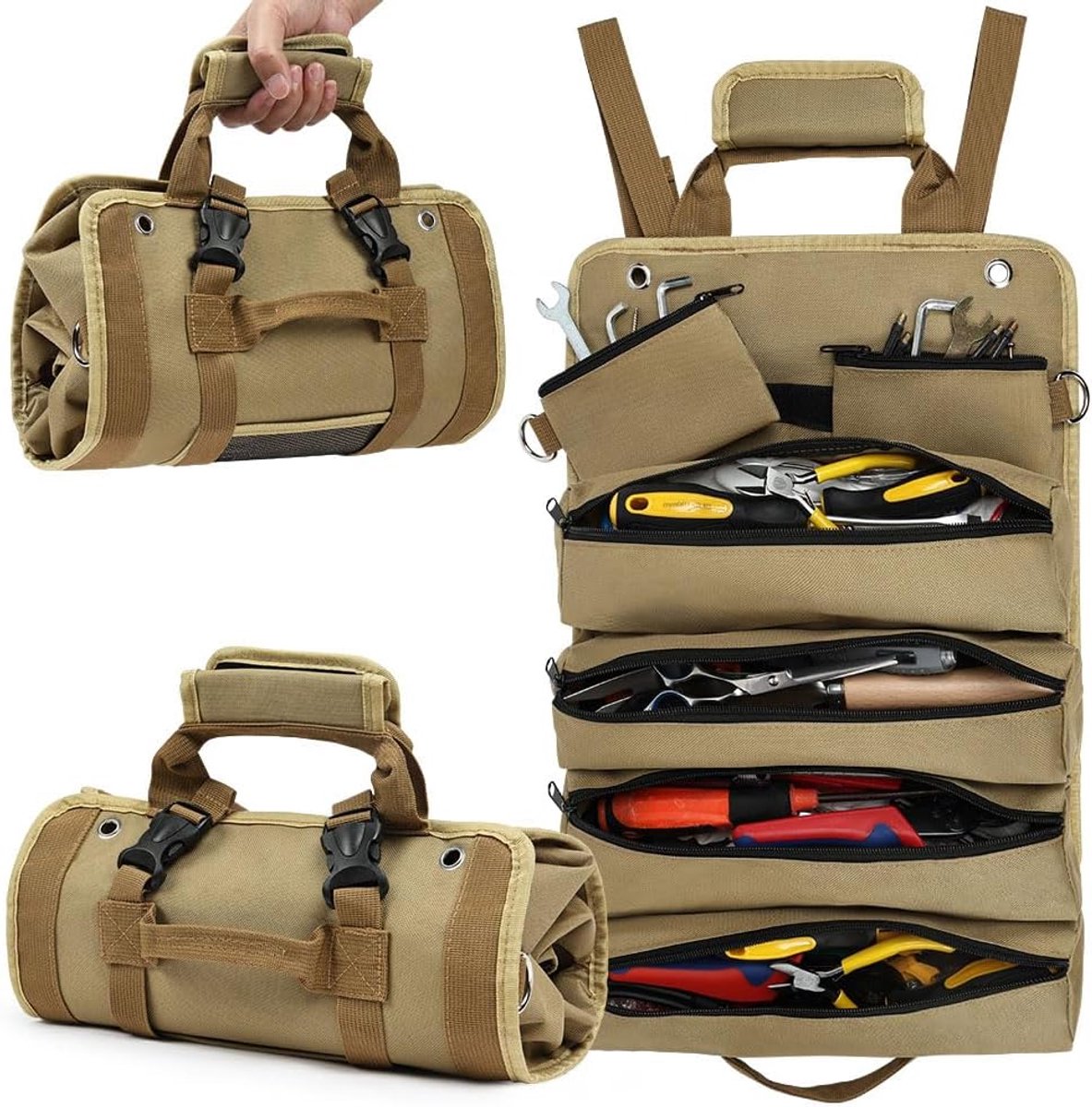 SnelShoppen - Tool Roll Bag - Gereedschap Organizer met 4 Ritsvakken - Opbergzak voor Gereedschap - Rolbare Tool Pouch - Ideaal voor Loodgieters, Vakm