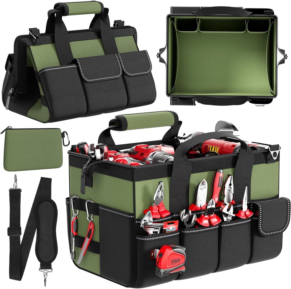 SnelShoppen - Tooltas 15.5 Inch met 17 Vakken en 1 Afneembare Pouch, Draagbare Gereedschapsopberger met Verstelbare Band, Zachte Handgreep en Duurzame