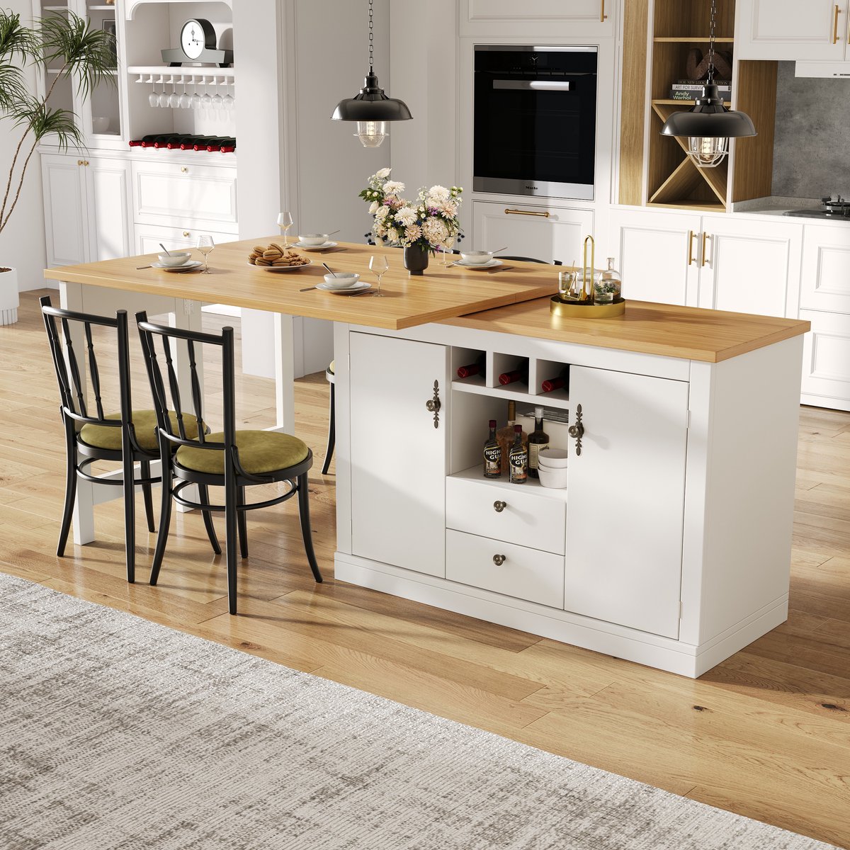 Wishdor - Bartafel - Uitschuifbaar 120-180 cm - Met opbergruimte en wijnrek - Modern - Woonkamer of eetkamer - Houtlook en MDF - Naturel en wit