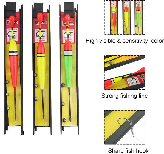 SnelShoppen - 6pcs Vissen Dobbers met Vlieg en Lood, Koord en Haak (5#, 7#, 9#) voor Wild Vissen in Zee, Compleet Set, Hoogzichtbaar Geel en Rood van Snelshoppen — afbeelding 2
