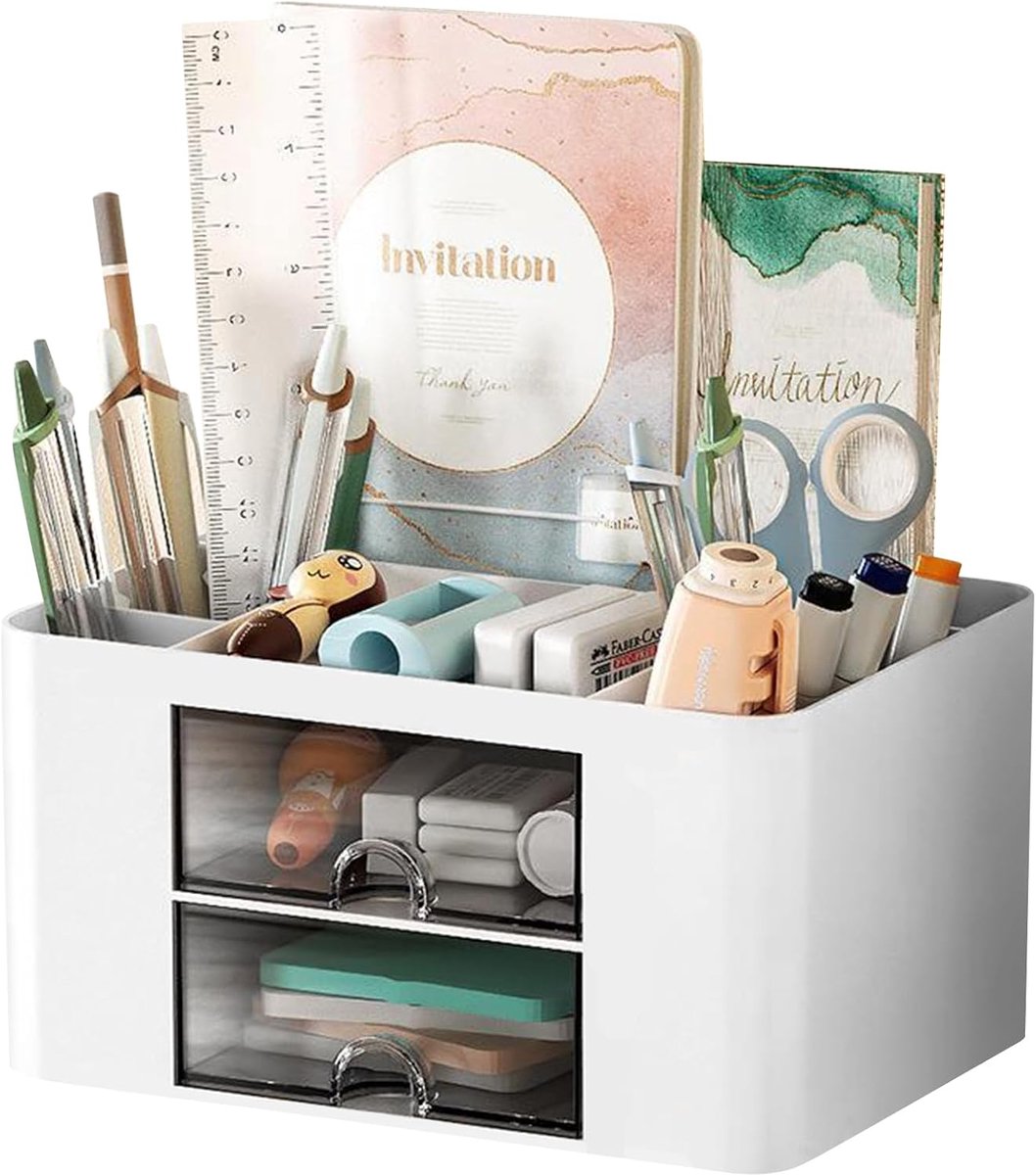 SnelShoppen - Desk Organizer, Multifunctionele Pennenhouder met 5 Compartimenten & 2 Lades, Robuuste Plastic Tafel Organizer voor Thuis en School