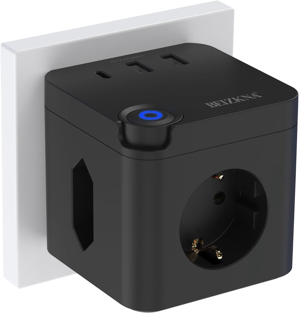 SnelShoppen - Plug Cube zonder Kabel, 3-Way Meerdere Stopcontacten met USB C, 3680W Stekkeradapter, 6-in-1 USB Cube, Powerstrip met Schakelaar voor Th