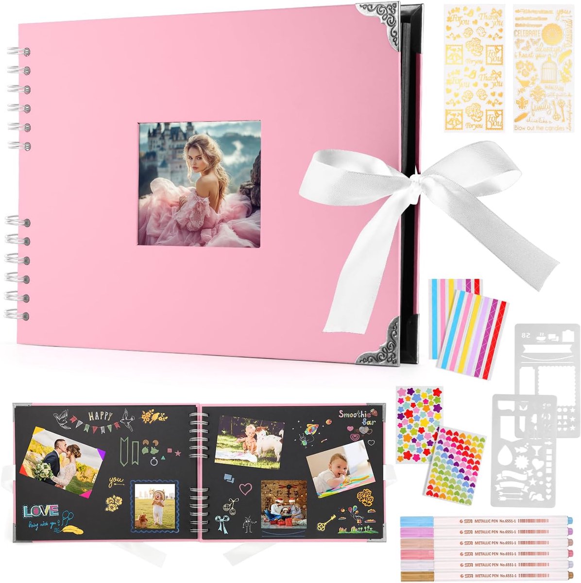 SnelShoppen - Bruiloft Foto Album 29.5 x 21 cm, 80 Pagina's Scrapbook voor 240 Foto's, Inclusief 6 Metallic Stiften, Persoonlijk Aangepast in Roze
