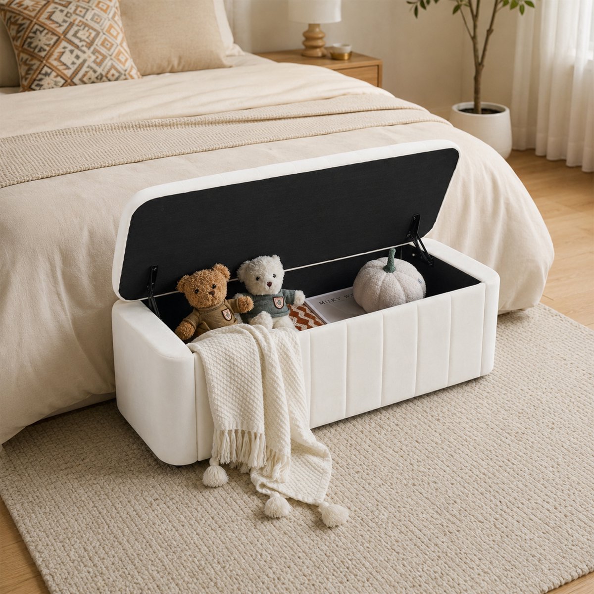 Opbergbank Met Opbergruimte – 132 x 47,5 x 44 cm – Velours – Beige – Gecapitonneerde Zitbank Voor Slaapkamer, Woonkamer Of Hal