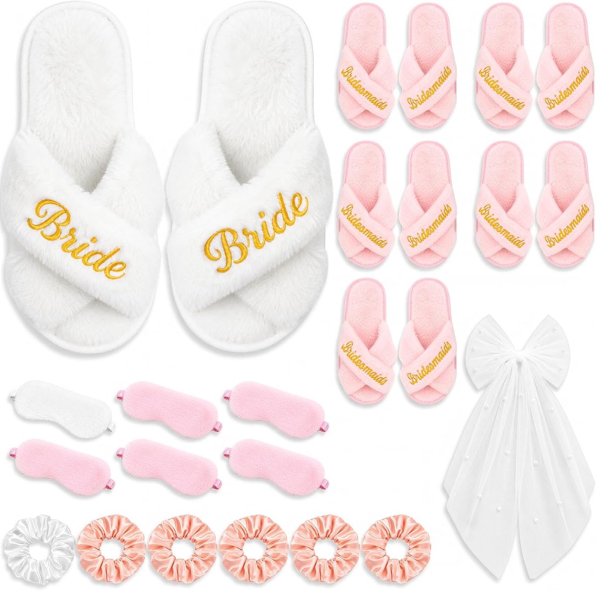 Thijox - 6 Paar Pluizige Trouwslippers voor Bruid en Bruidsmeisjes met Slaapmaskers, Satijnen Haarelastiekjes en Parelsluier - Perfect voor Bruiloft,