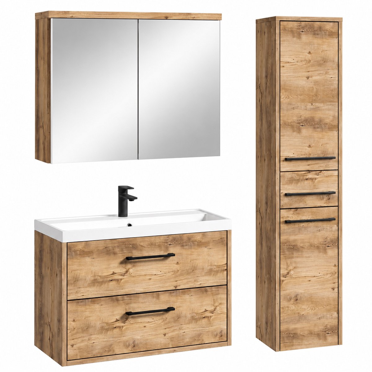 Badplaats Badkamermeubelset Florence 80 x 40 cm - Kastanje Eiken - Compleet met Wastafel, Spiegelkast en Kolomkast