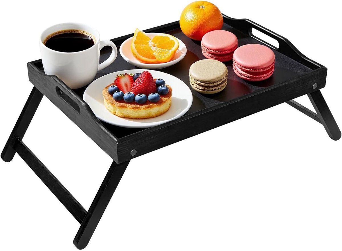 Opvouwbare bedtafel van hout - zwart dienblad met handgrepen en inklapbare poten - compacte ontbijttafel voor bed, bank en laptopgebruik - zwart