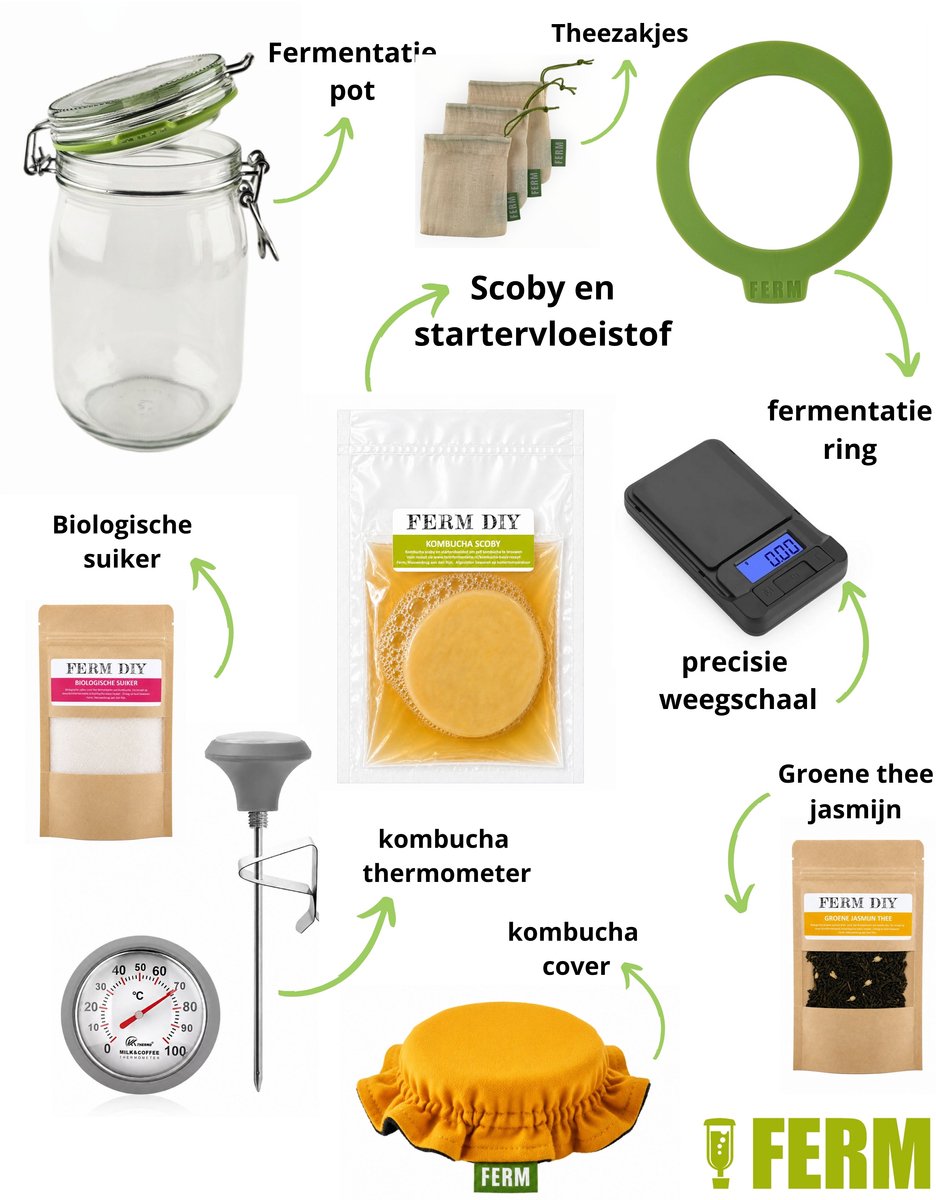 Kombucha premium fermentatie kit met okergele cover- compleet fermentatiepakket - zelf kombucha maken - kombucha starterspakket - kombucha scoby - fermentatie set - kombucha start pakket
