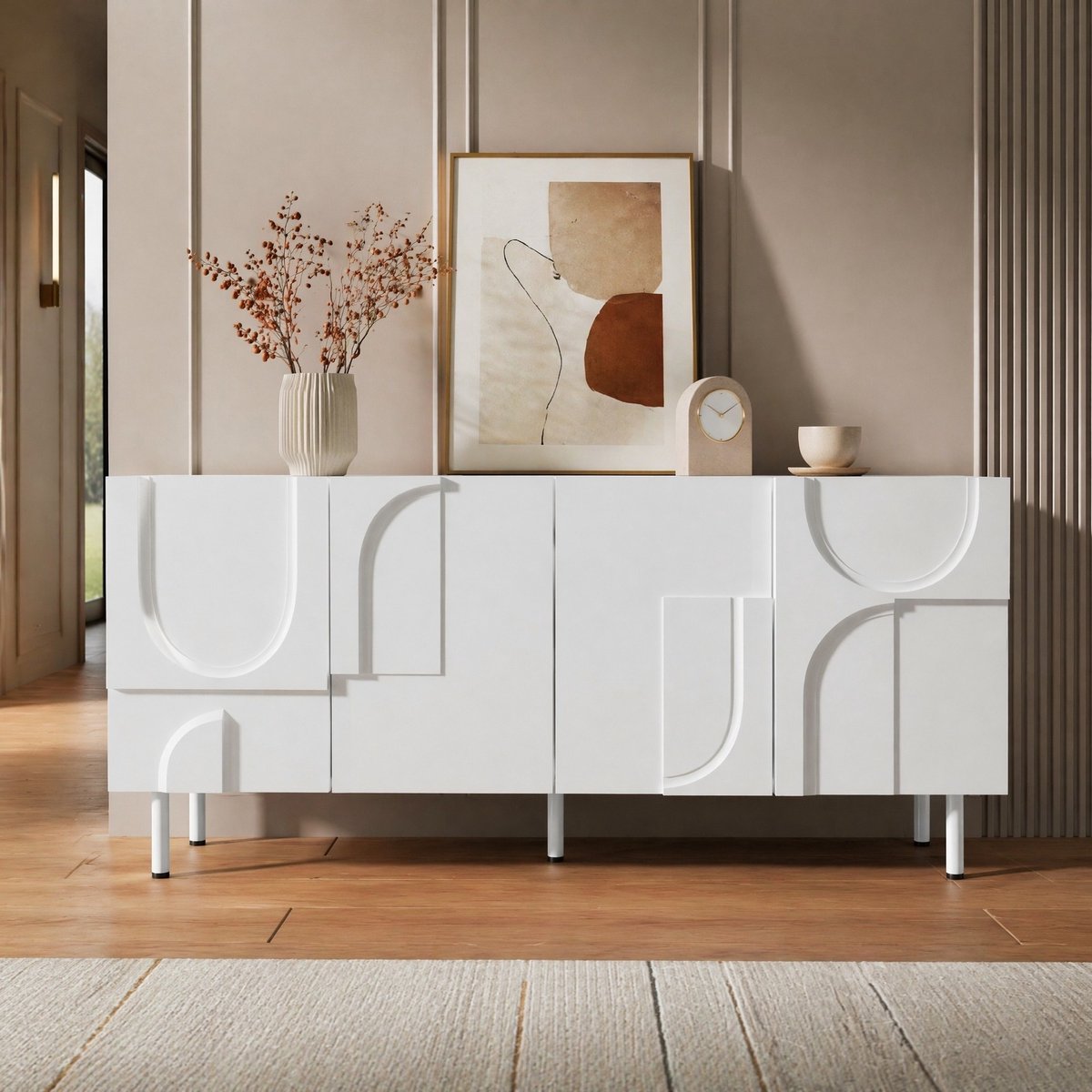 Wishdor - Dressoir - Geometrisch design - Gesloten opbergkast met deuren - Modern - Woonkamer of eetkamer - Houtlook en metaal - Wit - 160 x 38,5 x 70 cm