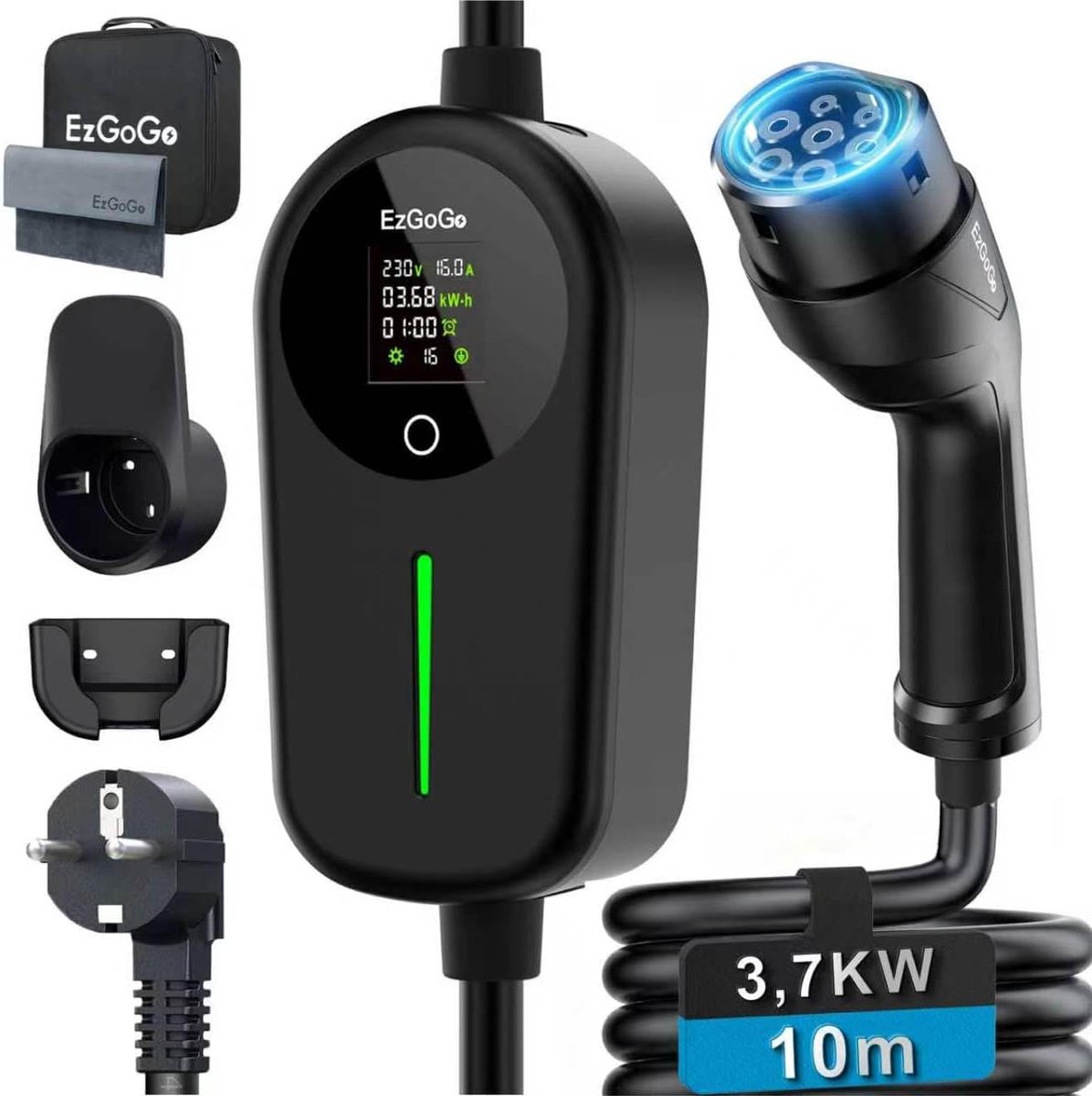 SnelShoppen - EzGoGo Type 2 Schuko Oplaadkabel 3.7 kW 10m voor Elektrische Auto's met LCD Display en IP65 Bescherming, Draagbare Snellader met Geheuge