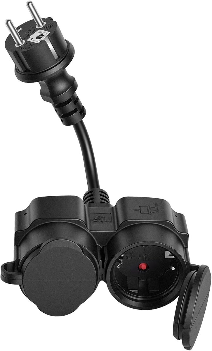 SnelShoppen - Dubbel Stopcontact Zwart, Max. 3500 W, 16 A, 250 V, IP44 Waterdicht, Schuine Stekker met Klapdeksel, Voor Binnen en Buiten, Ideaal voor