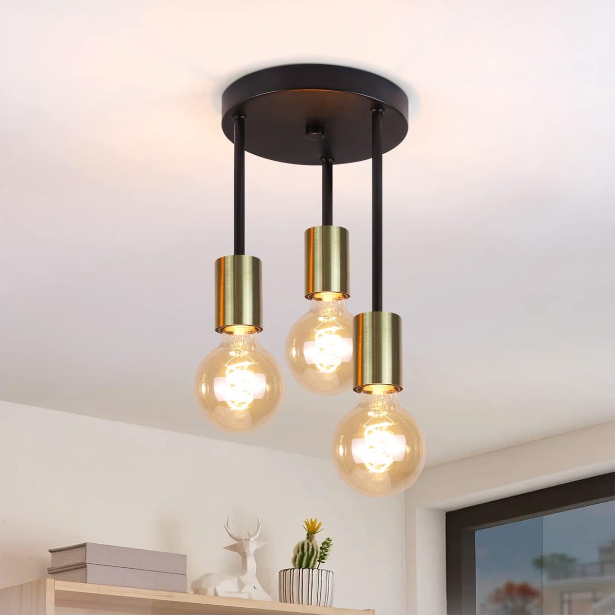 Thijox - 3-Light Hangende Plafondlamp E27 Zwart en Goud - Vintage Plafondlamp met 3 Spots - Moderne Industriële Kroonluchter voor Eetkamer, Keuken, Ga