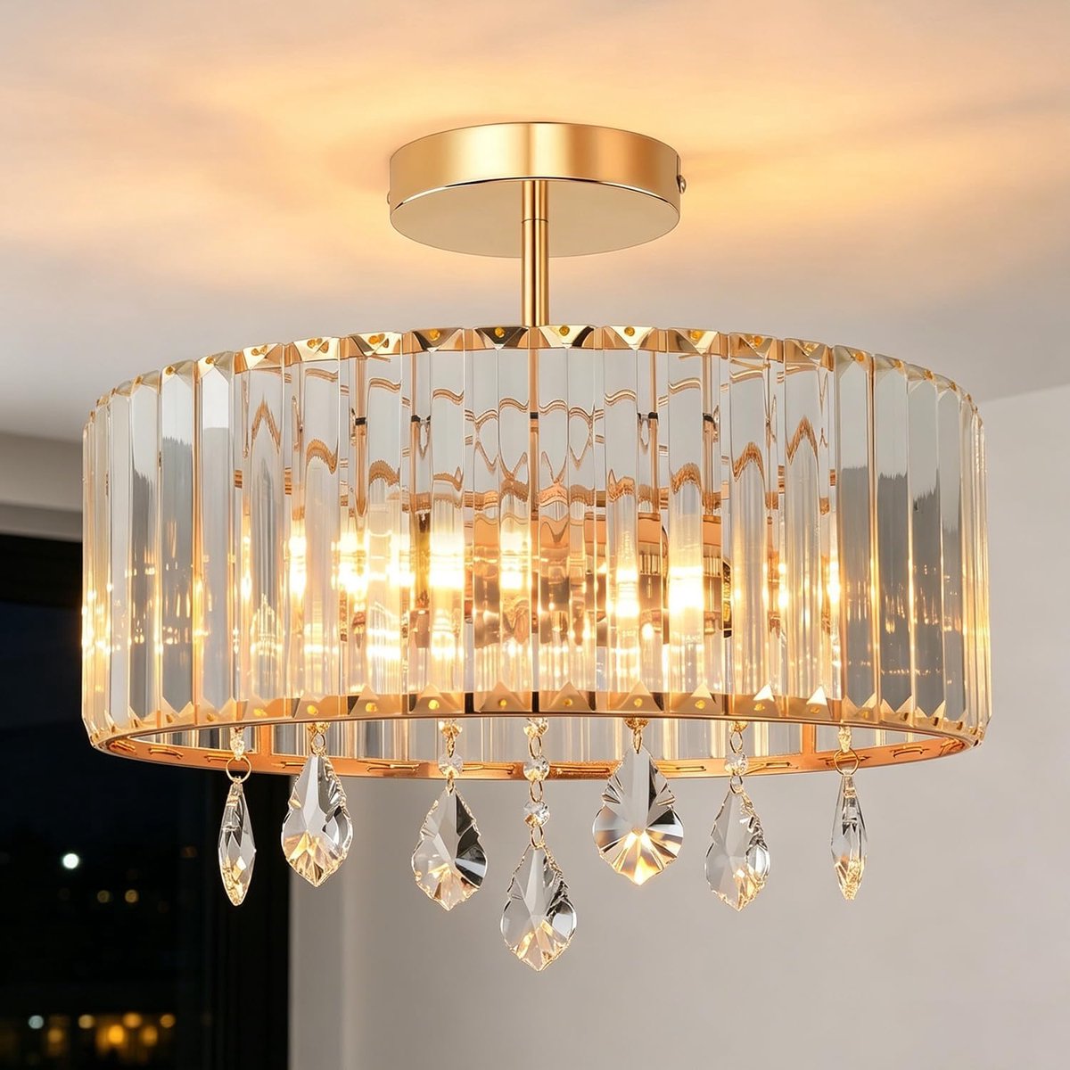 SnelShoppen - Moderne E27 Crystal Plafondlamp met 3 Lichten in Goud, Elegante Kristallen Plafondverlichting voor Woonkamer en Slaapkamer 36.5cm (Zonde