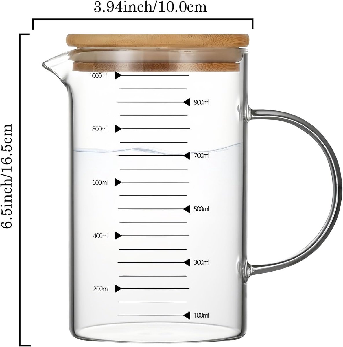 SnelShoppen - Glass Measuring Cup with Bamboo Lid - 1 Liter Temperatuurbestendige Maatbeker - Borosilicate Glas - Dikke Wand - Duidelijke Metingen voo