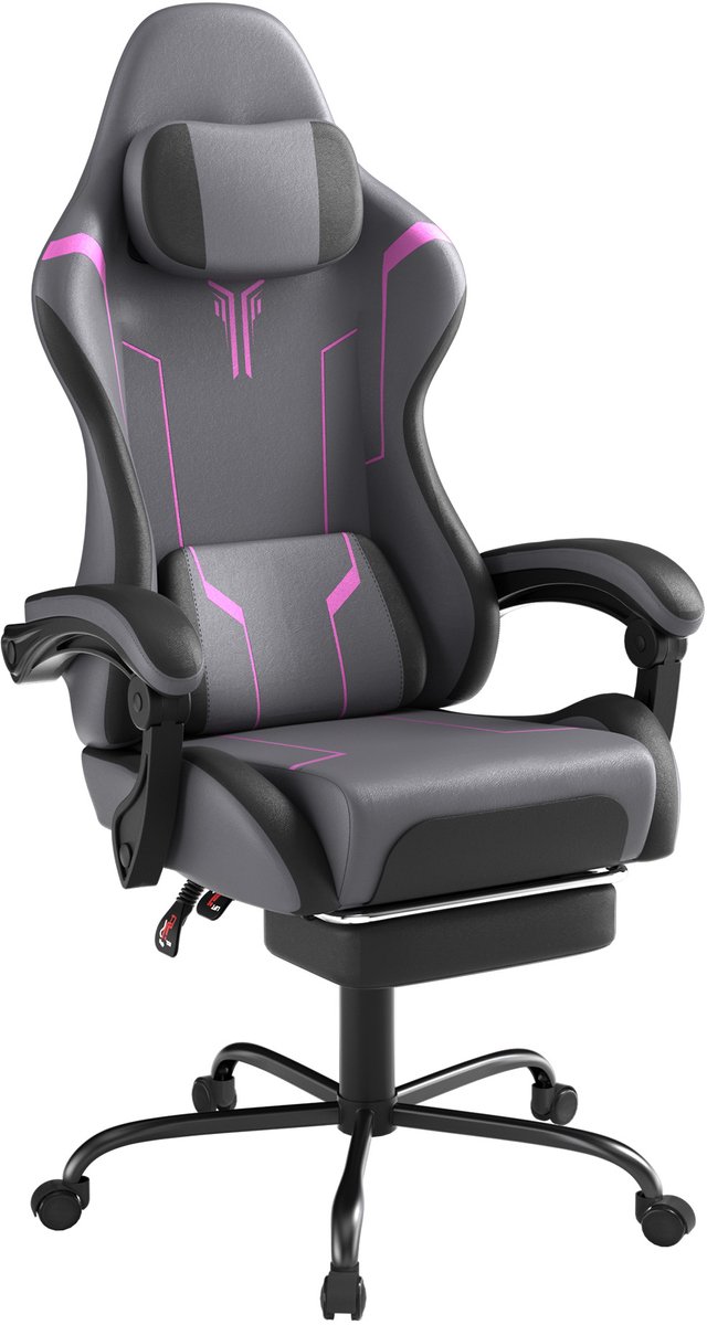 Gaming Stoel met Massagefunctie – Grijs-Zwart-Paars Leer – Ergonomische Bureaustoel met Voetensteun – Verstelbare Rugleuning 90-135° – Verstelbare Armleuningen – Max. 135 kg