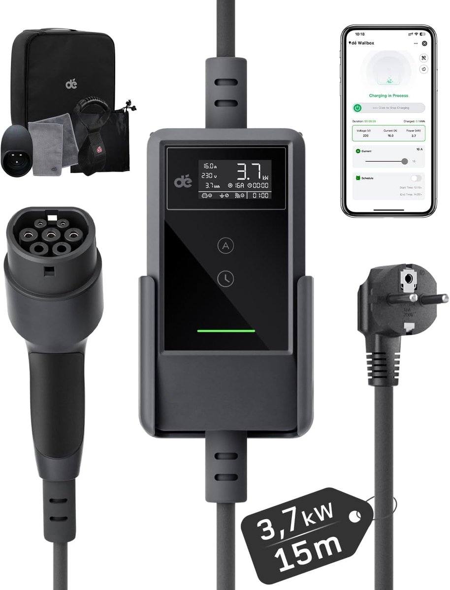 SnelShoppen - EV Oplaadkabel Type 2 Schuko met App 3,7kW [15m, 1-fase, 6-16A] Slimme Thuis Lader voor Model Y/3, ID.3/4, EX30 en andere EV/PHEV, Zwart