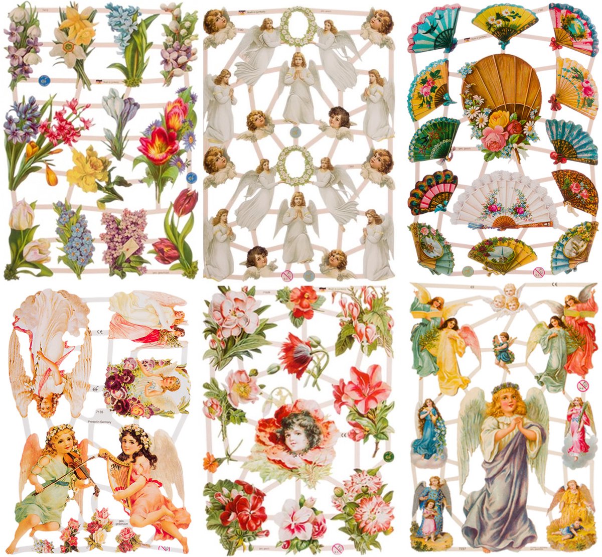 Poëzieplaatjes - 6 vellen - plaatjes - hobby - creatief - decoupage - knutselen - scrapboek met Engelen - Bloemen - Waaiers