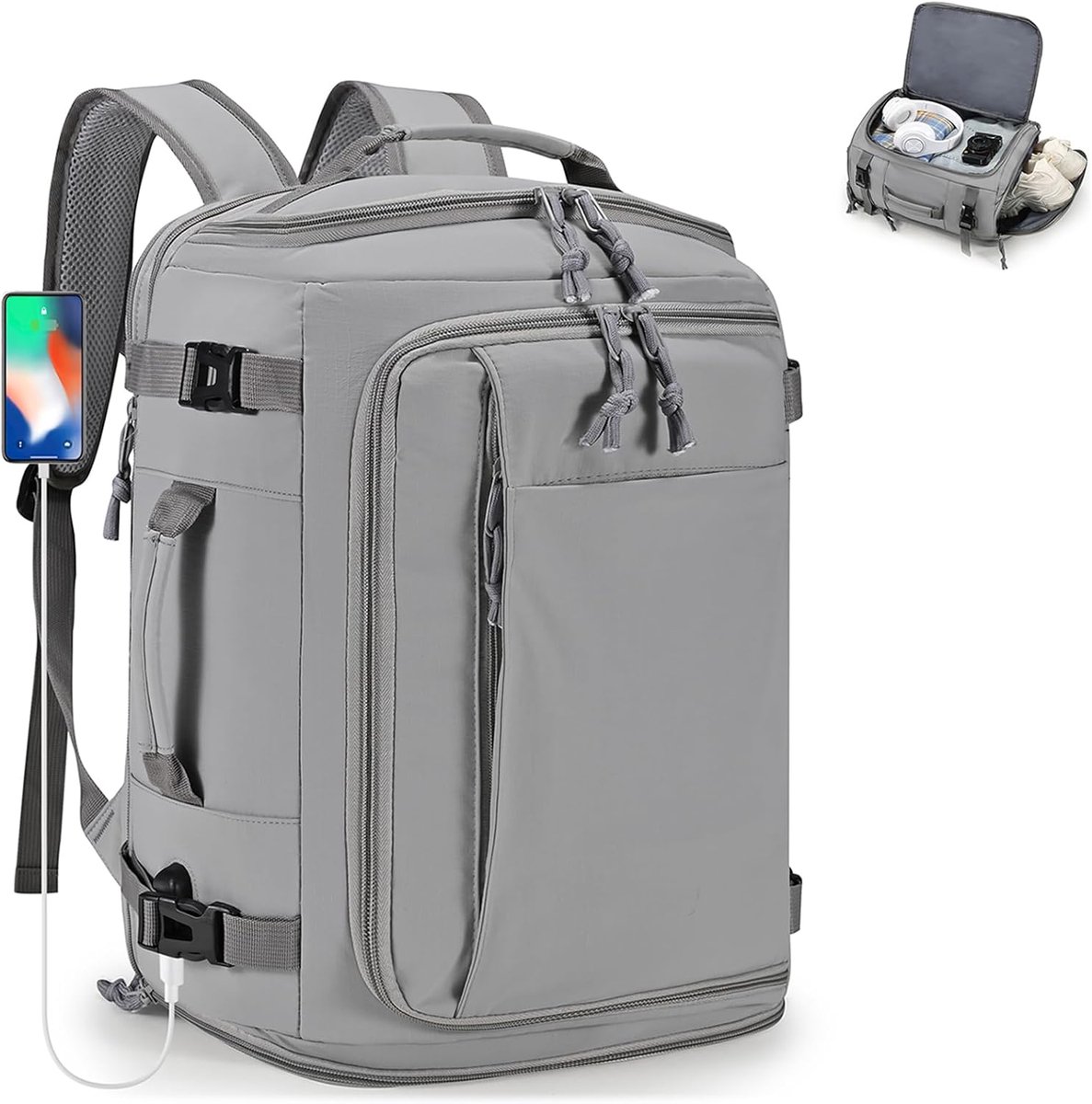 SnelShoppen - Expandable Travel Backpack 40x30x15/20cm - Handbagage KLM, Ryanair, Transavia - Laptop Rugzak 15.6 Inch - USB Oplaadpoort - Sport- en Re