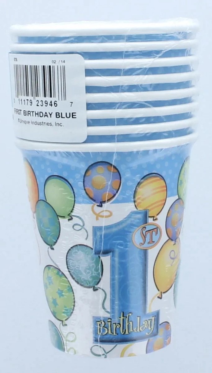 Bekers 1e verjaardag bedrukt : blauwe ballonnen (8 bekers)