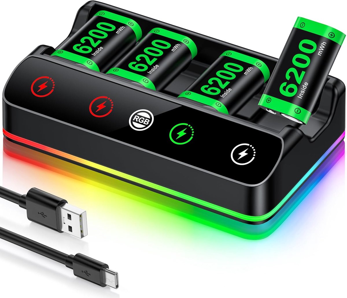SnelShoppen - Oplaadbaar Batterijpakket voor Xbox One/Series Controller - 4x6200mWh Batterijen met Hoge Capaciteit, Lader/Koeling RGB, 25U Speeltijd,
