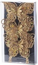 3x Kerstboomversiering op clip vlinders glitter goud 11 cm - kerstfiguren - vlinders