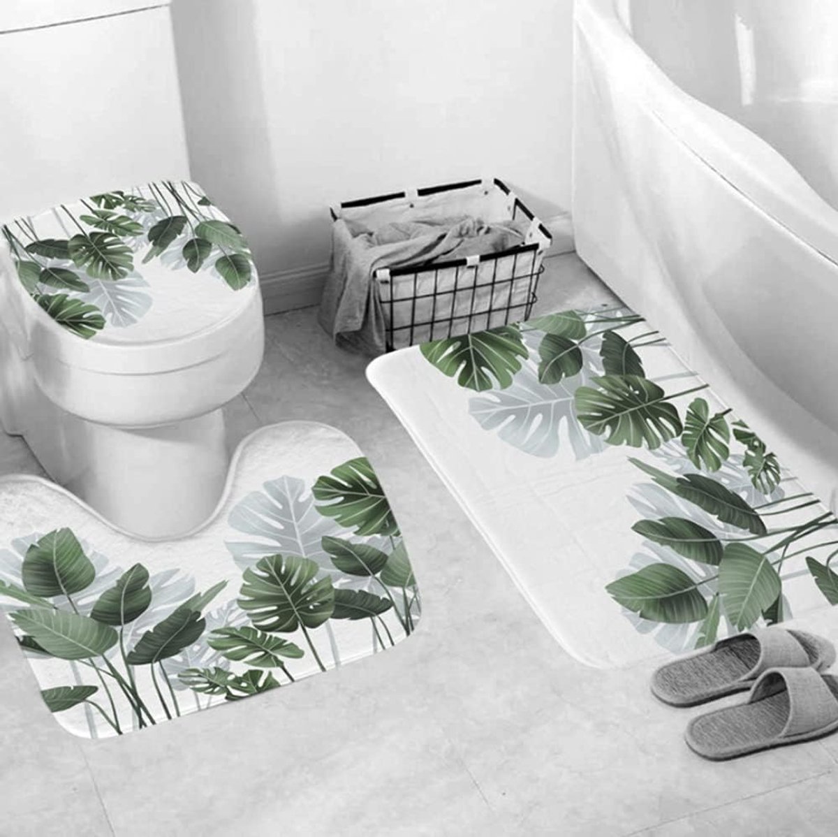 SnelShoppen - Drie-delige Tropische Bladeren Badmat Set, Antislip Badmat, Wasbare en Geurvrije Badmat voor Badkamer, Ideaal voor Kinderen en Ouderen