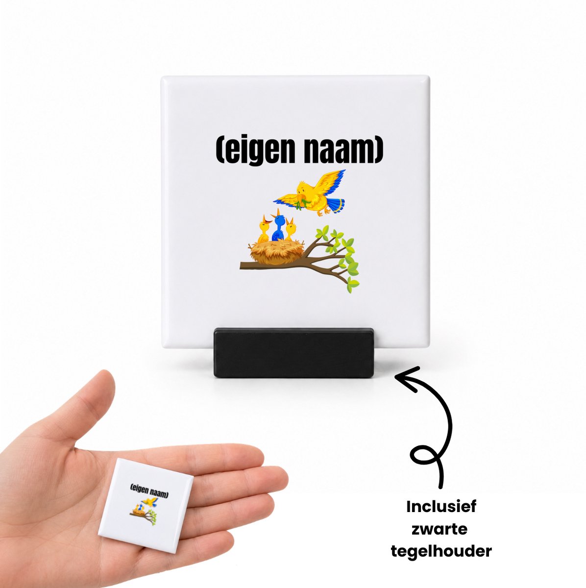 Hacebo vogels en nest met eigen naam tegeltje met tegelhouder - Vogels - dieren liefhebber - tegeltjes met tekst - iemand die houdt van vogels - verjaardag - cadeau - kado - geschenk - spreuktegels - 4.8x4.8 CM Wit