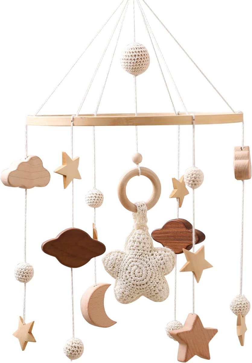 SnelShoppen - Handgemaakte Houten Baby Mobiel met Wolken, Maan, Sterren - Eco-vriendelijk Kindspeelgoed voor Babybedje - Perfect voor Jongens en Meisj