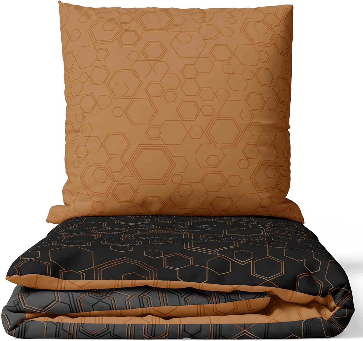 SnelShoppen - Dekbedovertrek Set 155x200 cm Koper Zwart Geometrisch Modern 100% Katoen 2-delig met Rits, Makkelijk Onderhoud, ÖKO-TEX