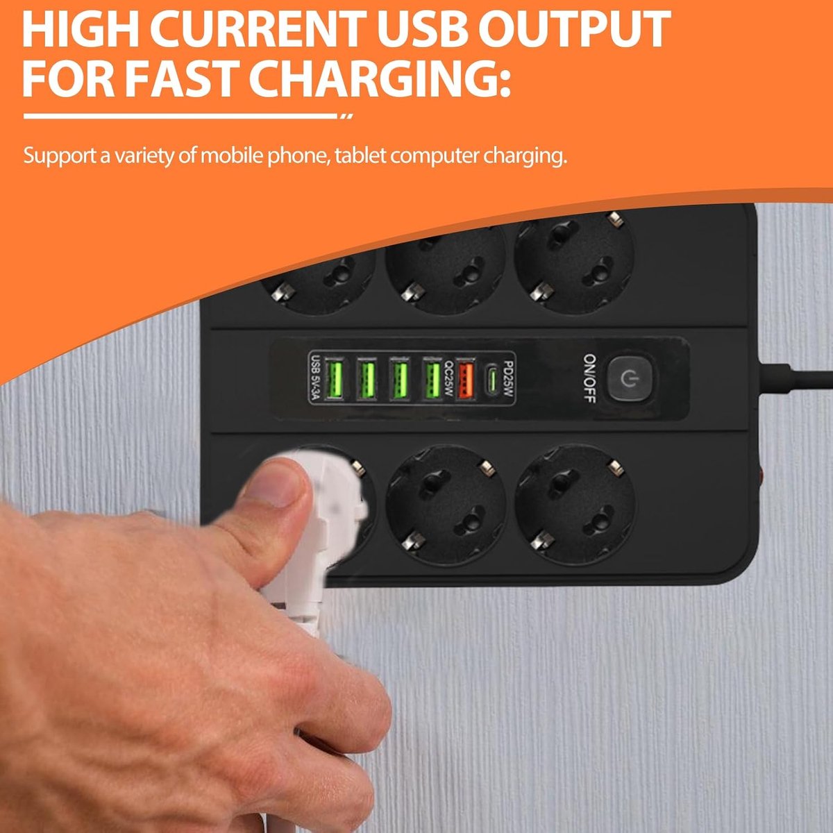 SnelShoppen - 6-Voudige Stekkerdoos met 5 USB Poorten, Muurbevestigbare Socket Strip met Schakelaar en 2 m Kabel, Desk Power Strip voor Thuis en Kanto