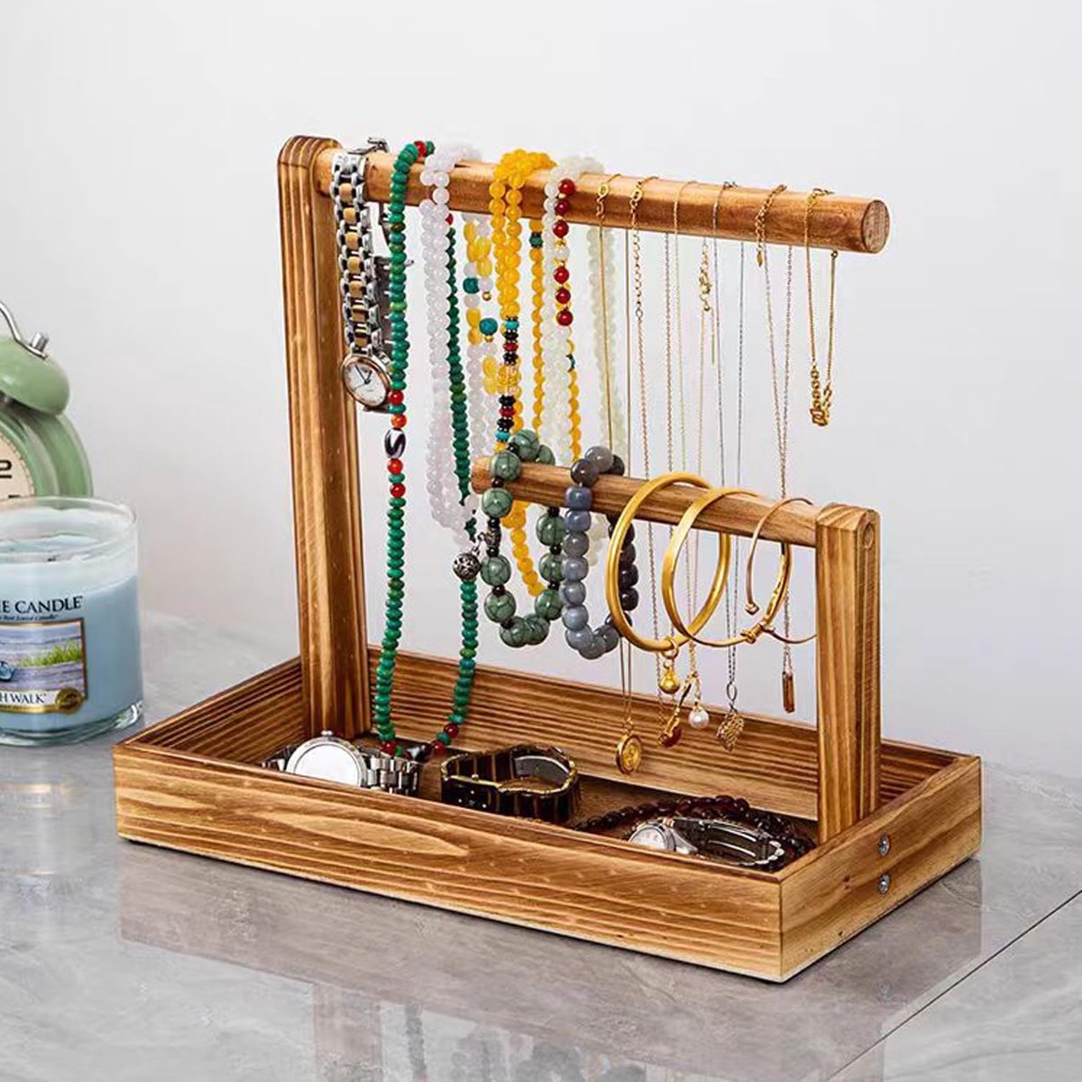 SnelShoppen - Houten Sieradenstandaard met Verwijderbare Kettinghouder - Vintage Sieradenrek voor Kralen, Armbanden en Horloges - Ideaal voor Thuis en