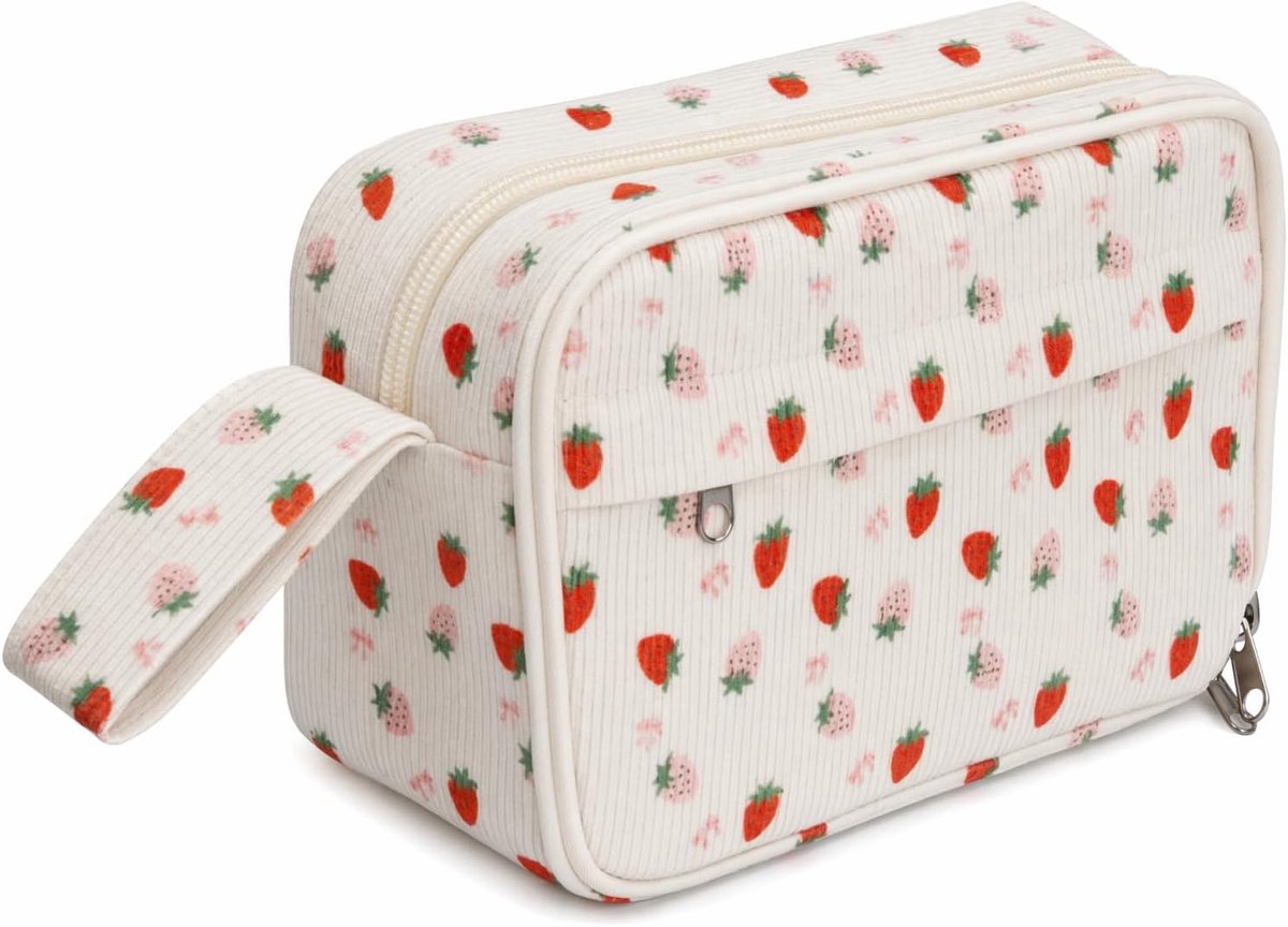 SnelShoppen - Corduroy etui met aardbeiendesign, grote capaciteit schrijfwaren-organizer voor meisjes, kawaii make-uptas in wit, perfect voor school e