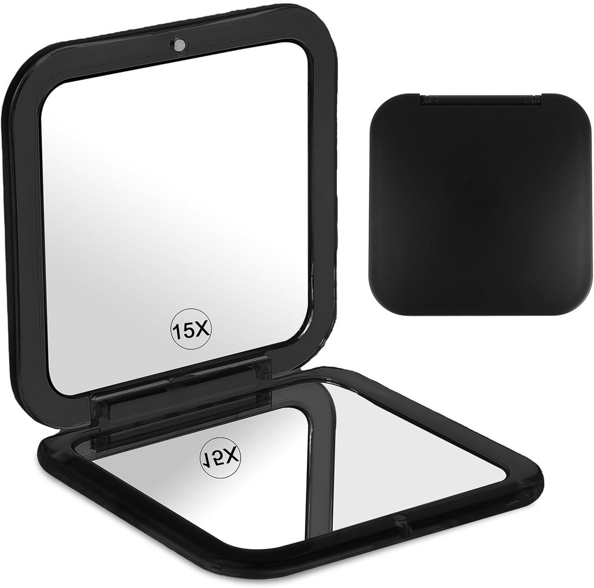 Thijox - Compacte 15X Vergrootspiegel, Opvouwbare Reismake-upspiegel, Vierkante Handtas Spiegel 8,5 cm x 8,5 cm, Zwart voor Perfecte Make-up en Pincet