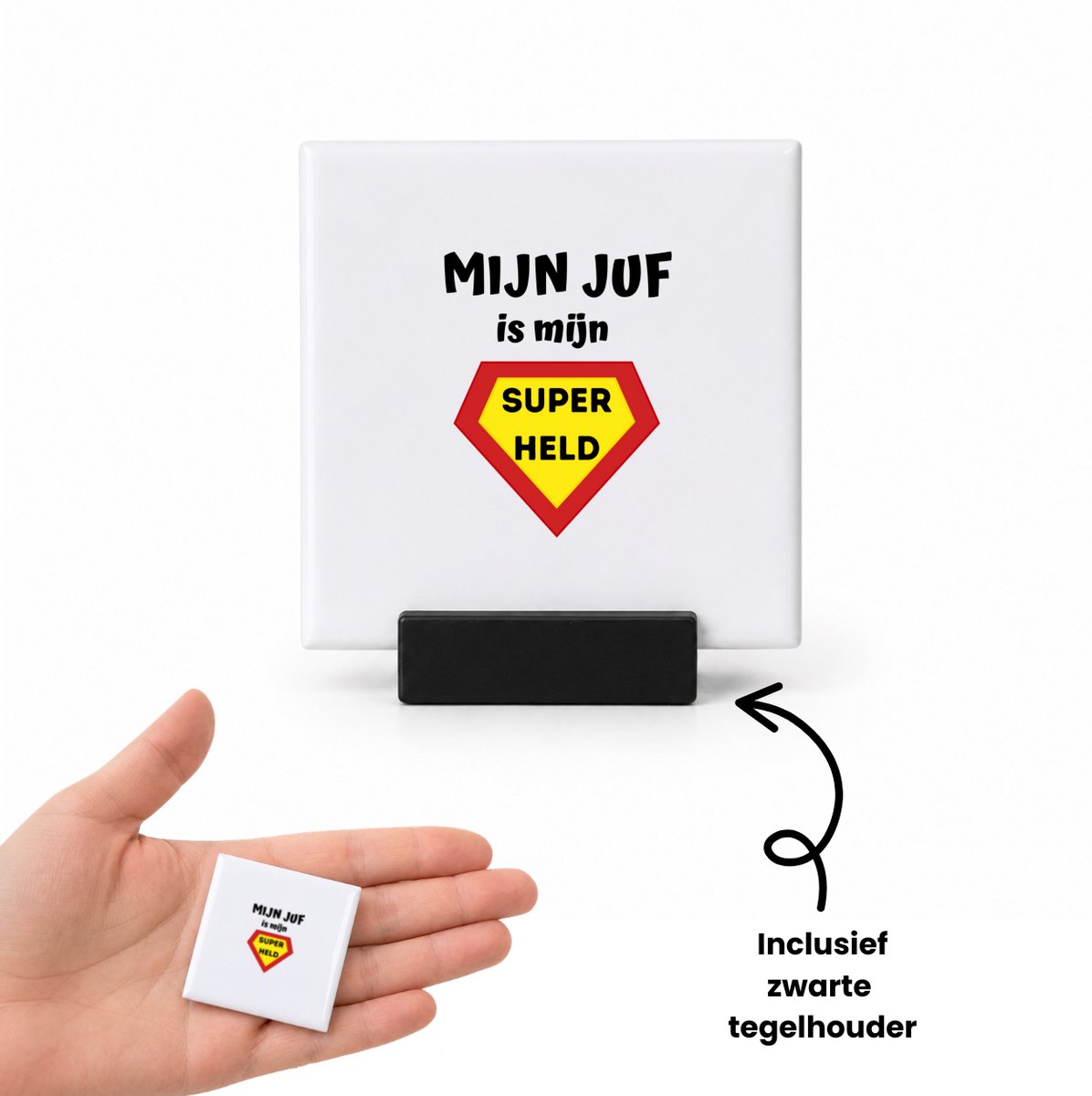 Hacebo mijn juf is mijn superheld tegeltje met tegelhouder - Juf - super juf - tegeltjes met tekst - verjaardag - cadeautje voor juf - juf artikelen - kado - geschenk - collega's - spreuktegels - 4.8x4.8 CM Wit