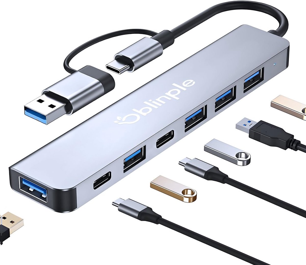 SnelShoppen - USB C Hub 7-in-2 USB Hub 3.0 Multiport Adapter met 4 USB 2.0 Poorten voor MacBook Air/Pro, iPad, Windows, Galaxy - Aluminium, Lichtgewic