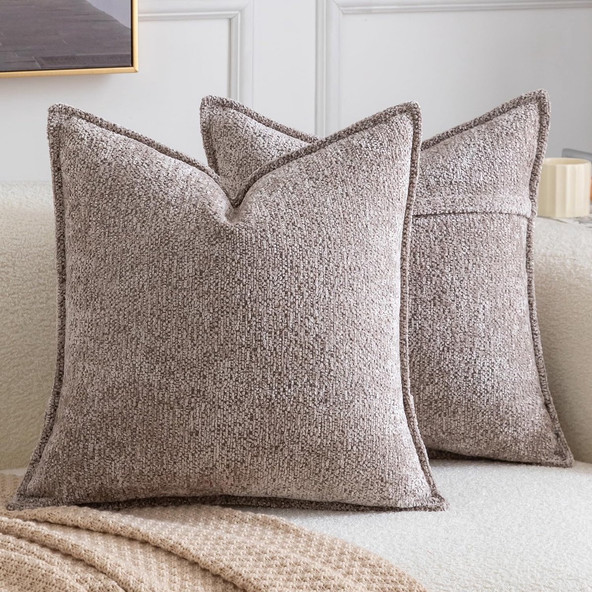 SnelShoppen - Set van 2 Boho Decoratieve Kussenslopen 40x40 cm - Zachte Chenille Kussenslopen Taupe met Flens Rand voor Bank, Slaapkamer en Woonkamer