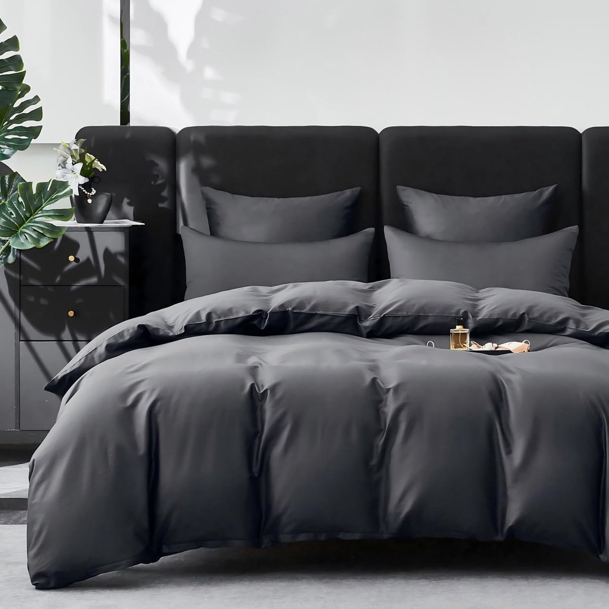 SnelShoppen - Satijnen beddengoed 220 x 240 cm donkergrijs, 100% langstapelig katoen, verkoelend mako-satijn, zacht ademend dekbedovertrek 3-delig met