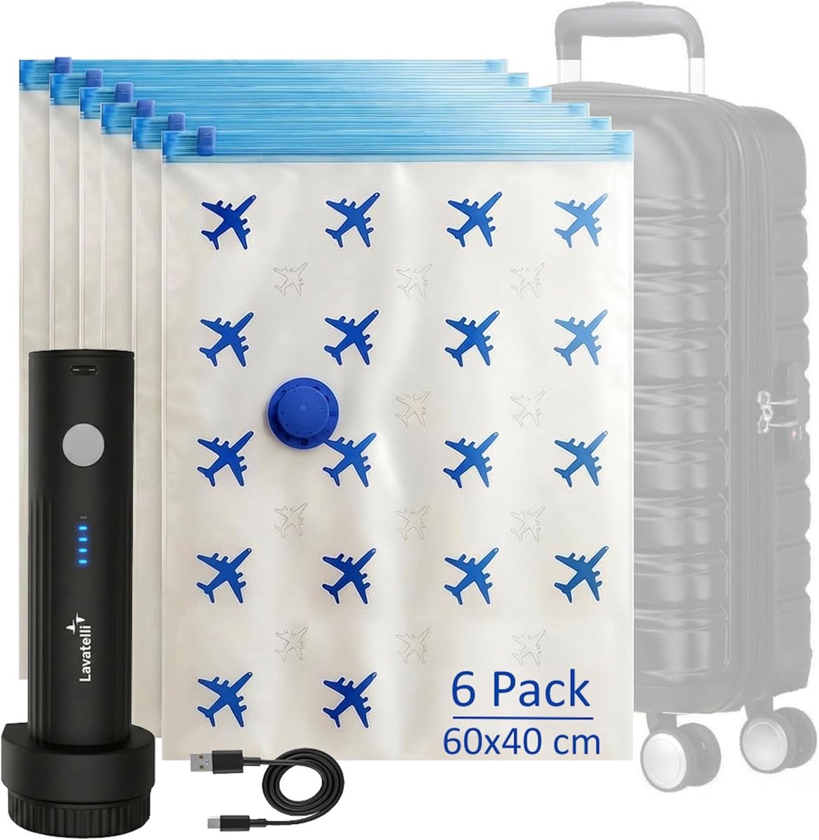 Thijox - Lavatelli Reisset Handbagage, Draadloze USB C Vacuümpomp + 6 Ruimtebesparende Opbergzakken 40x60 cm voor Trolley 55x40x20, Ideaal voor Kledin