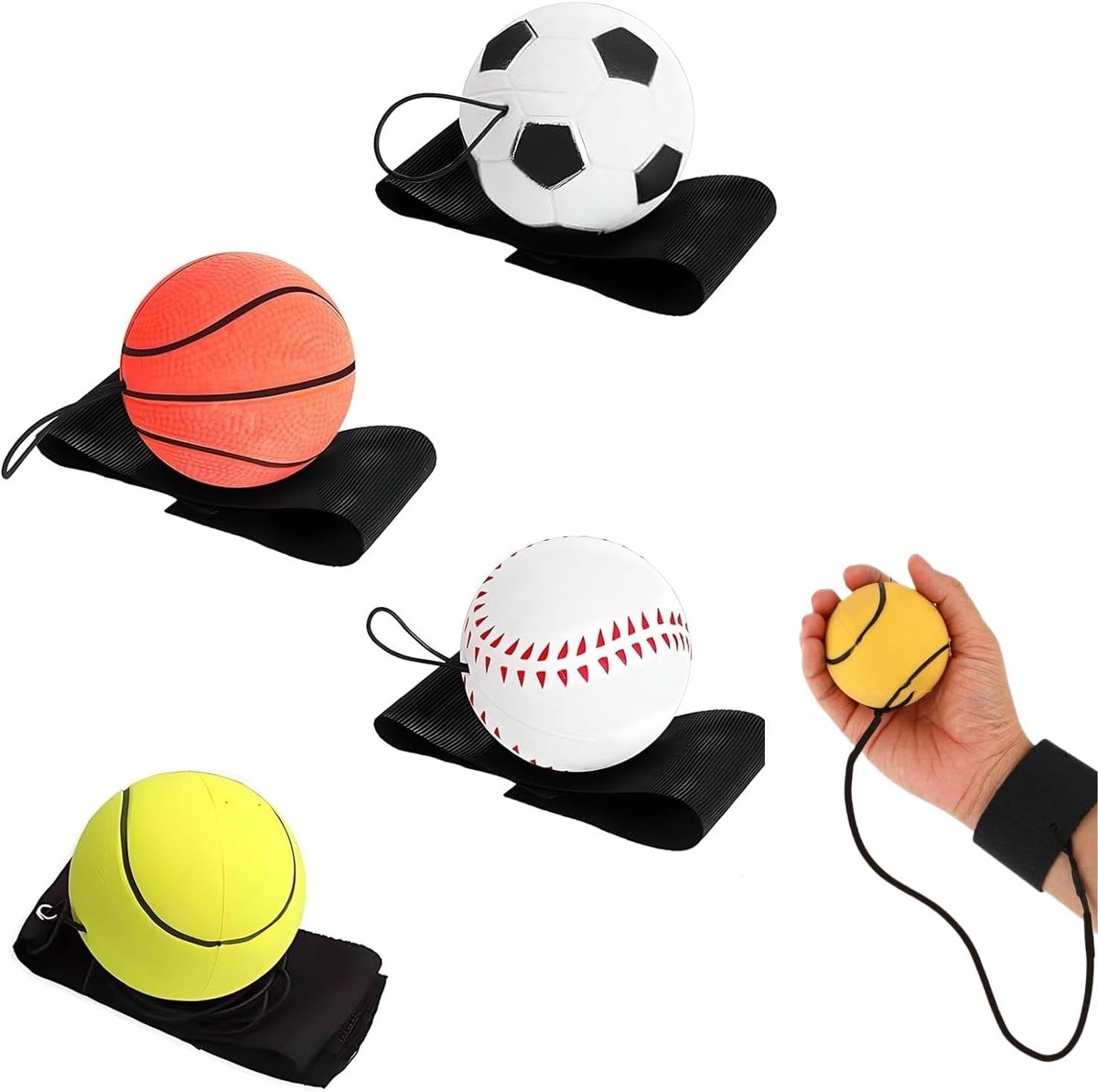 SnelShoppen - Set van 4 Terughaalballen, Diameter 6 cm, Elastische Polsballen, Springballen, Rubber Armband voor Oefening, Spel voor Kinderen en Volwa