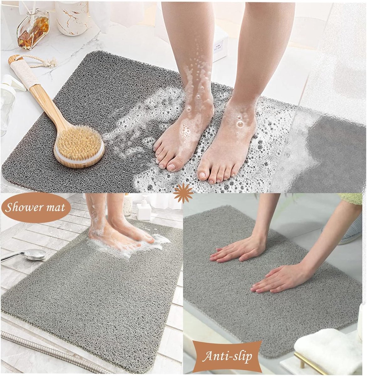 SnelShoppen - Non Slip Douchemattenset - Antislip Badmat met Loofah Structuur - Duurzaam, Eenvoudig Schoon te Maken - Grijs