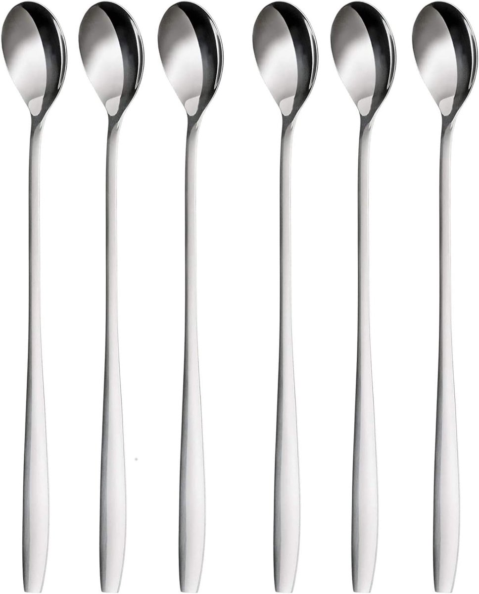 SnelShoppen - Latte Macchiato Lepel Set van 6 - 22 cm Lange Lepels voor Cocktails en Desserts, Gepolijst RVS, Vaatwasmachinebestendig, Silver
