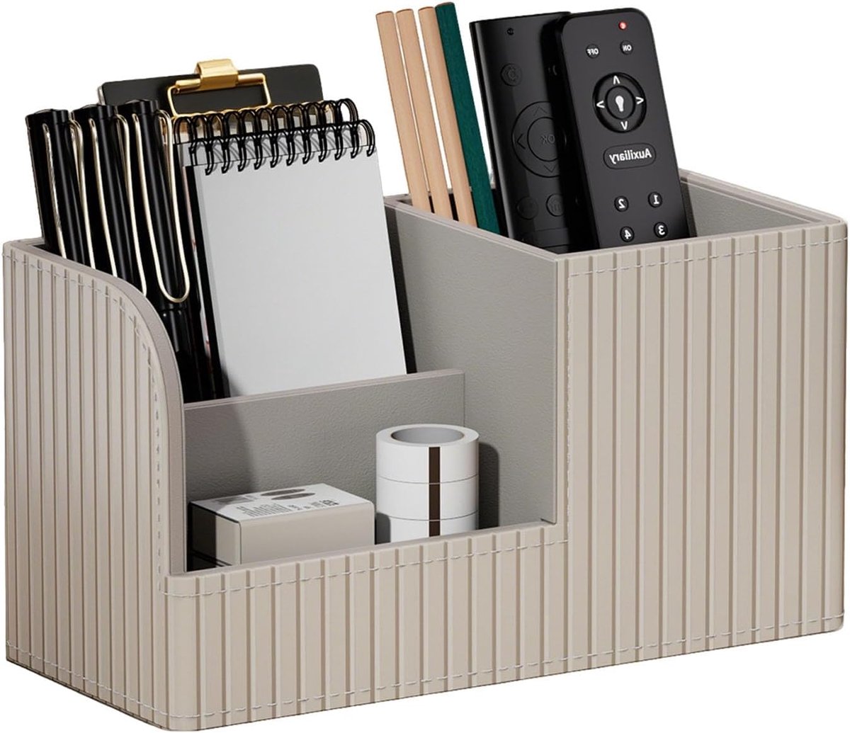 SnelShoppen - PU-lederen pennenorganizer met 3 vakken, elegante pennenhouder voor bureau, tafelorganizer in bruin, hoogwaardige bureau-accessoires voo